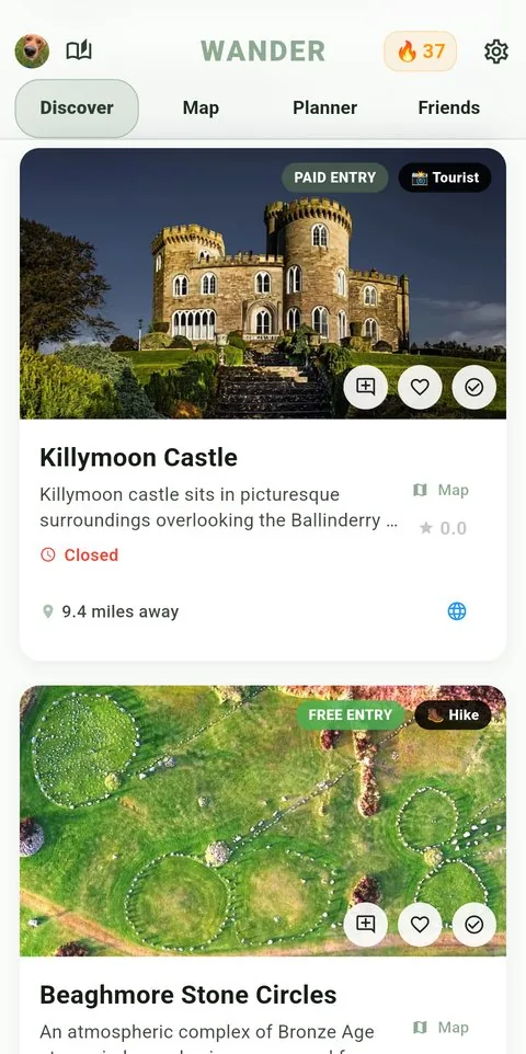 Wander Discover screen showing nearby places