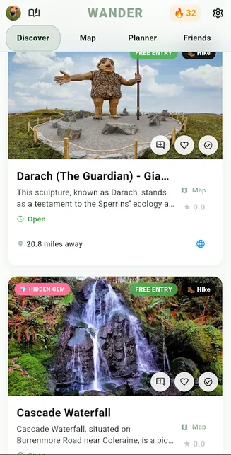 Wander app Discover screen