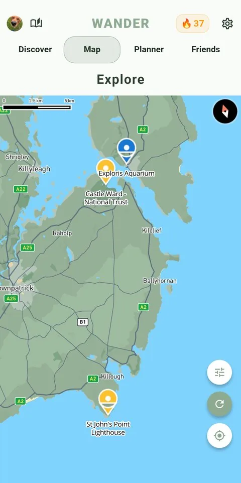 Wander Map screen showing places to explore