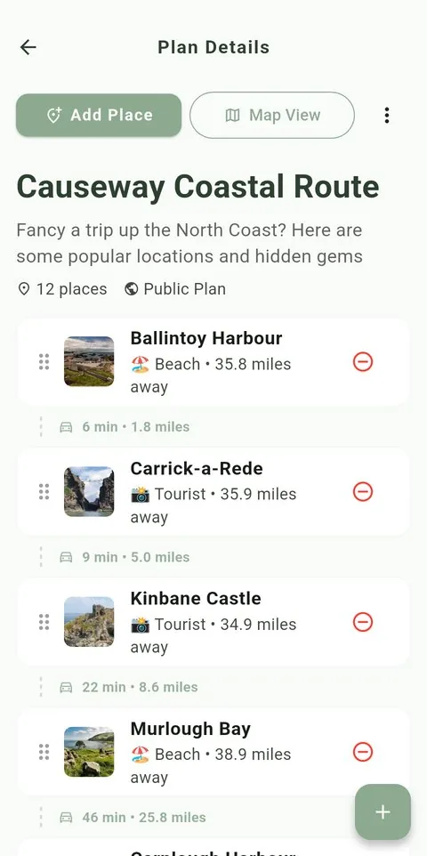 Wander Planner screen showing the Causeway Coastal Route plan